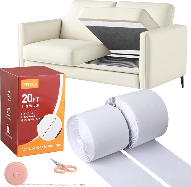 PTUNA 20Ft *4 Inch Hook and Loop Tape with Adhesive Back, Heavy Duty Double Sided Adhesive Strips, Strong Sticky Strips Roll for Home/Office/School/Car, White - Image 1